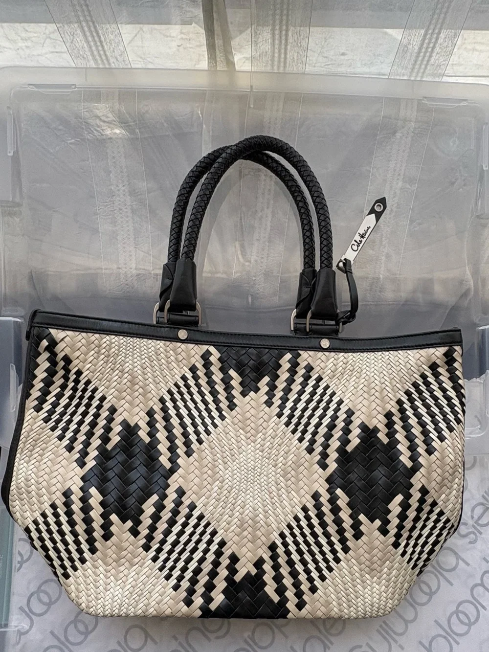 Cole Haan Black/Cream Woven genuine leather BrandNEw W/out tag East West tote